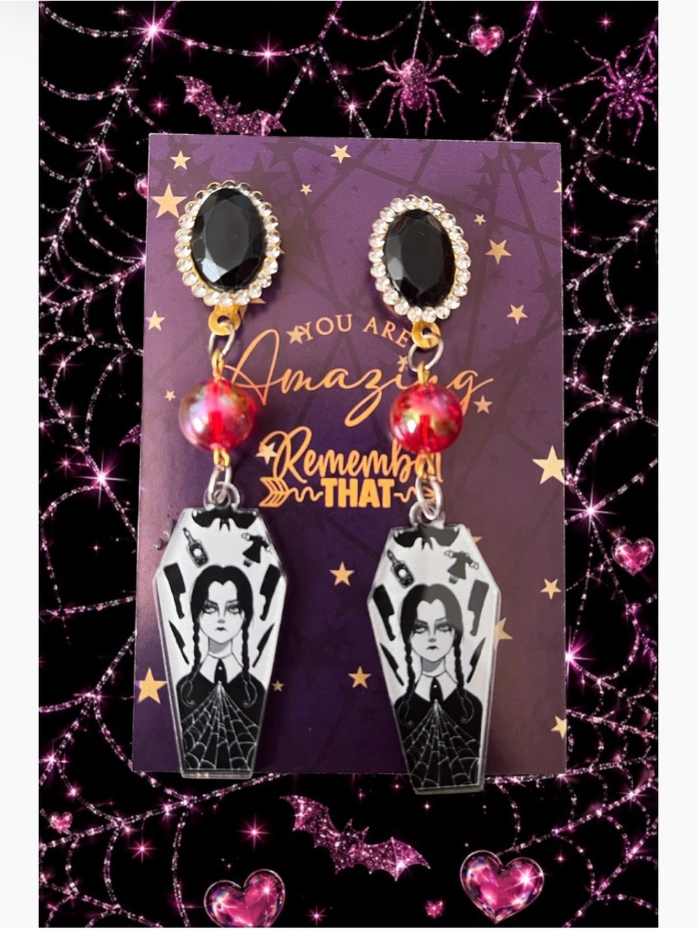 Gothic Coffin Drop Earrings with Black Gem and Red Bead